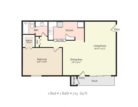 1BR 1Bath Floor Plan at Kings Trail Apartment Homes, Jacksonville, 32217